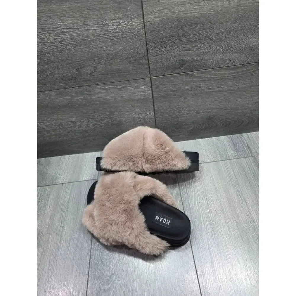 ROAM preppy Y2K Cloud Slippers Faux Fur flat Beige Sz 6 S000084 - Picture 5 of 9